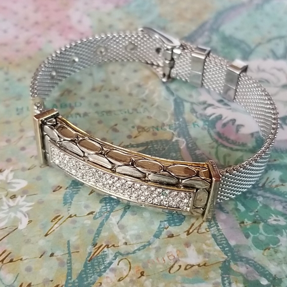 Vintage Buckle Bracelet Metal Mesh Pave Rhinestones Adjustable Band - Picture 13 of 16